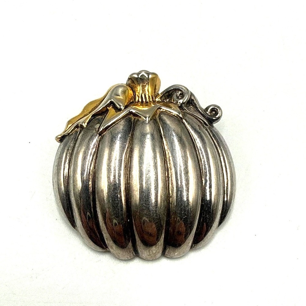 Best Vintage Pumpkin Brooch Pendant Two Tone Silver Gold Tone Harvest Jewelry
